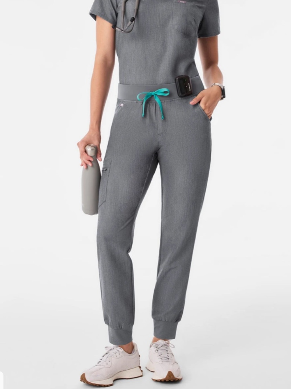 Figs Gray Jogger Scrub Pants with Teal Drawstring